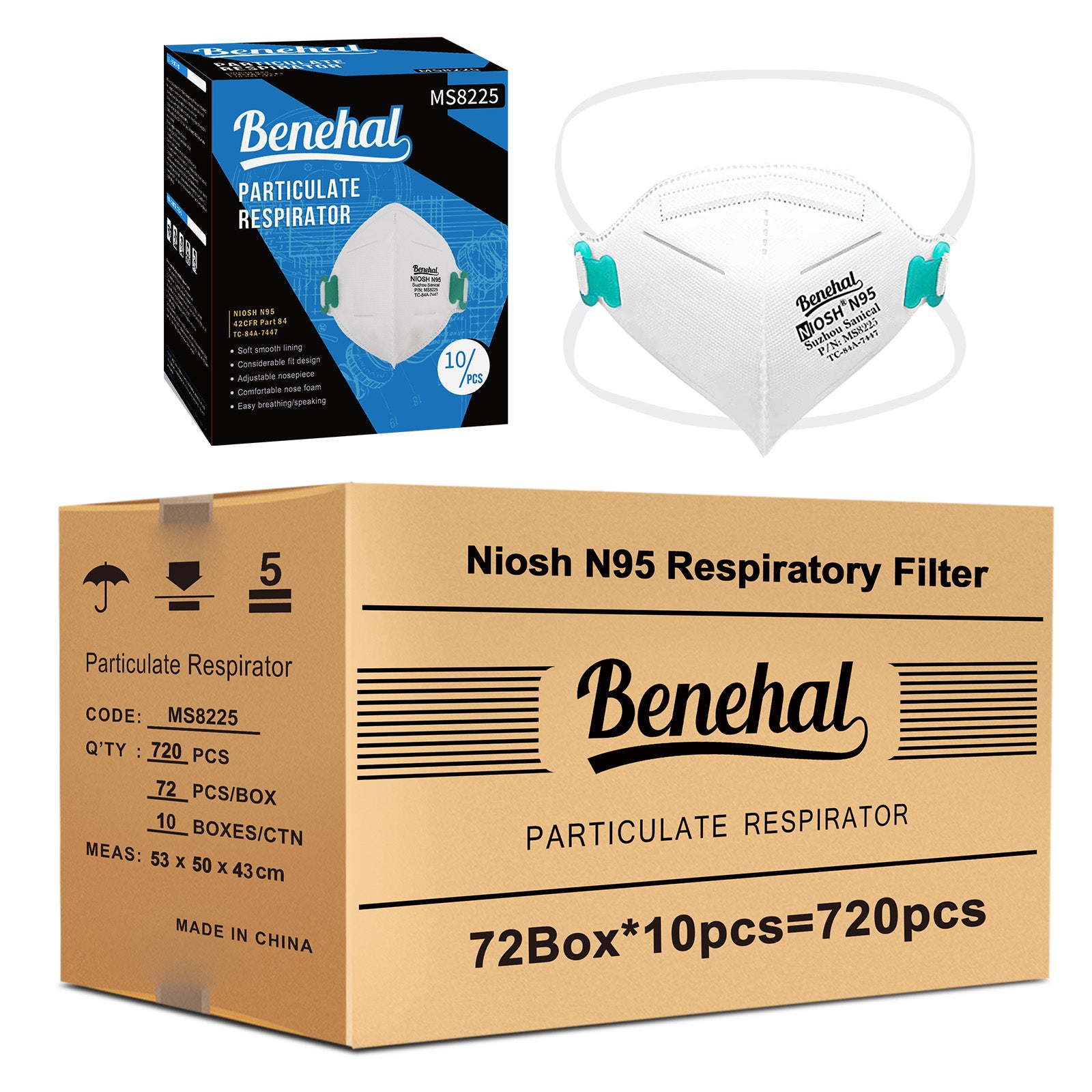 720 pcs N95 Face Masks NIOSH Approved N95 Mask Particulate Respirators, Individually Wrapped, White(10pcs/box)