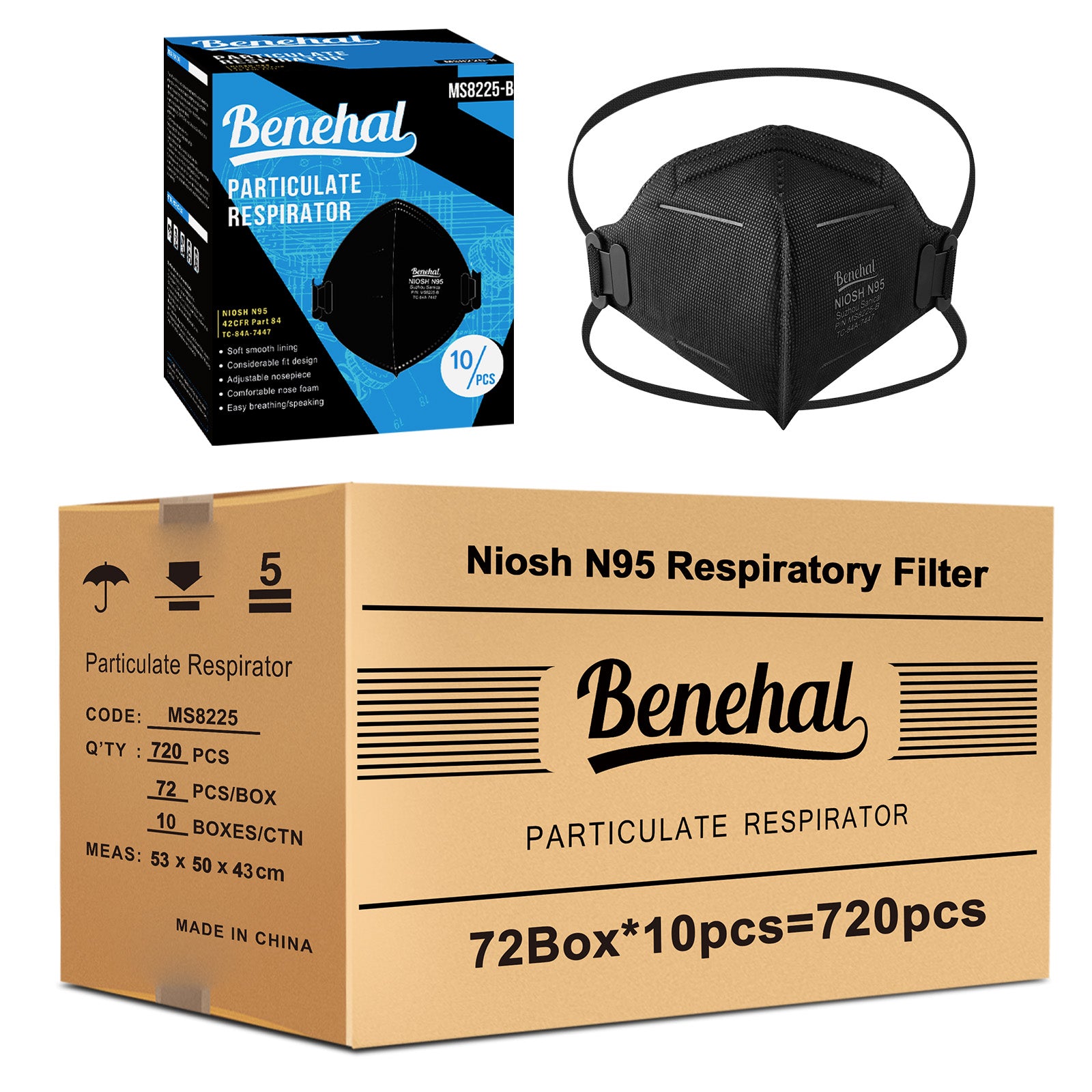 720 pcs N95 Face MasksNIOSH Approved N95 Mask Particulate Respirators, Individually Wrapped, Black(10pcs/box)