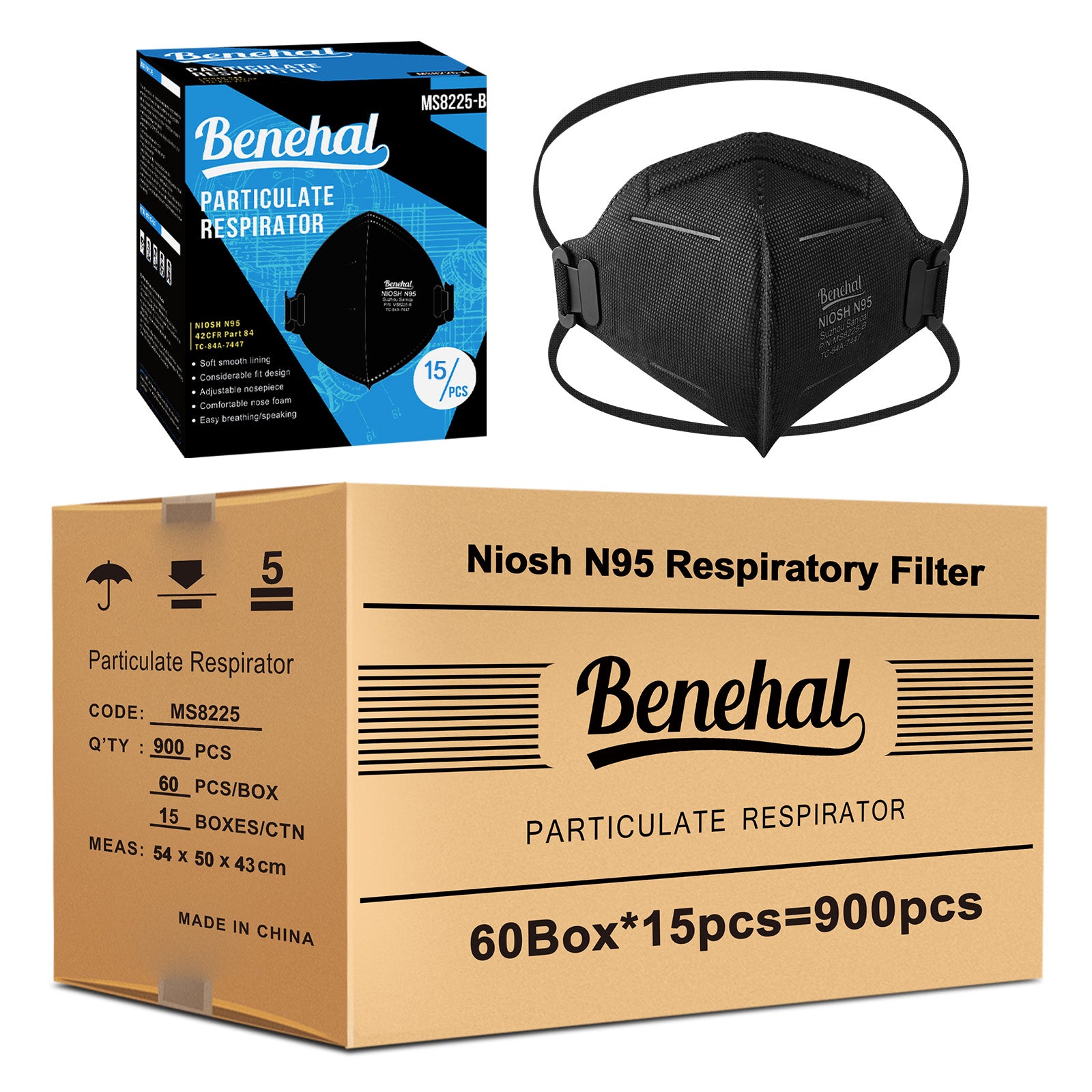 900pcs N95 Face MasksNIOSH Approved N95 Mask Particulate Respirators, Individually Wrapped,Black(15pcs/box)