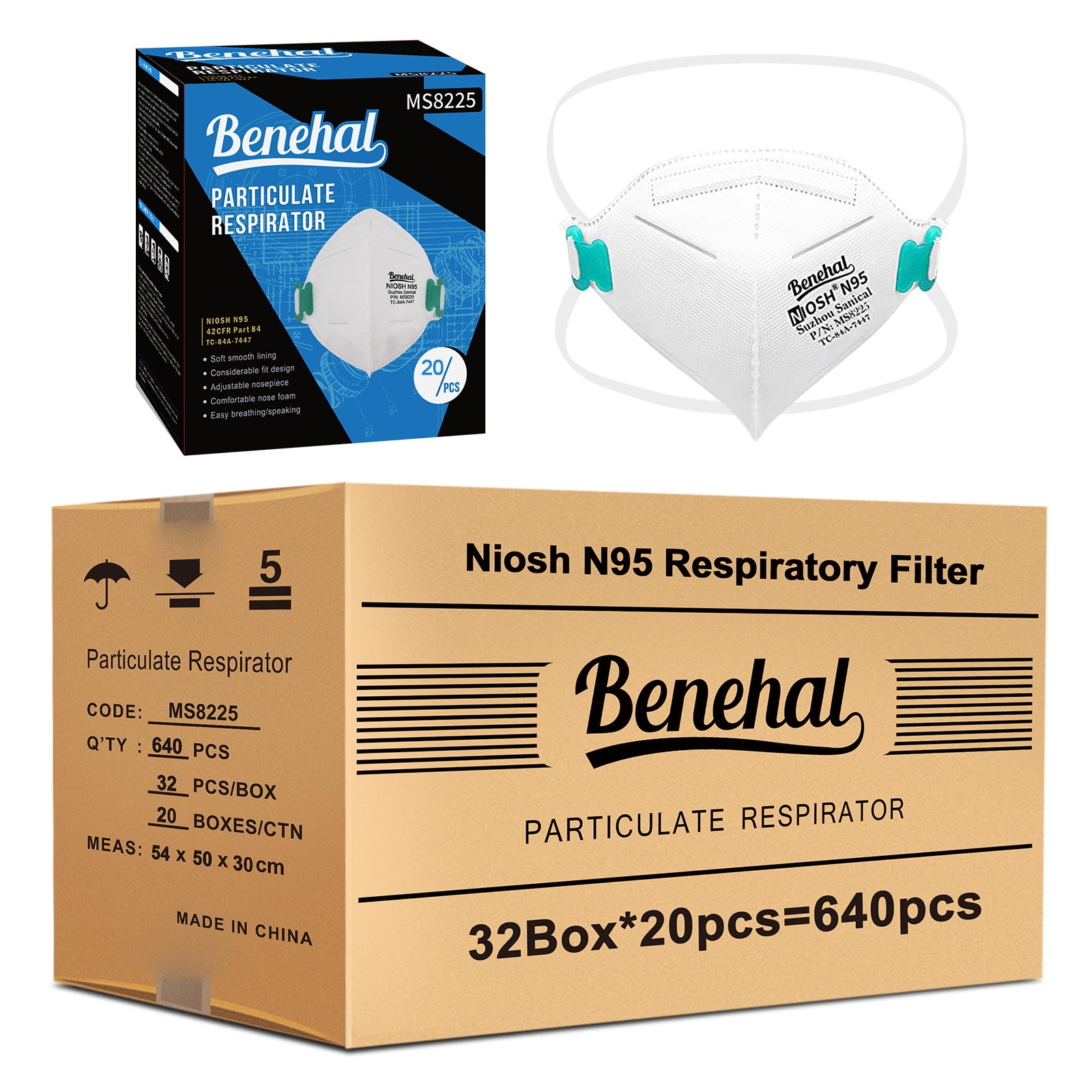 640 pcs N95 Face MasksNIOSH Approved N95 Mask Particulate Respirators, Individually Wrapped,White(20pcs/box)
