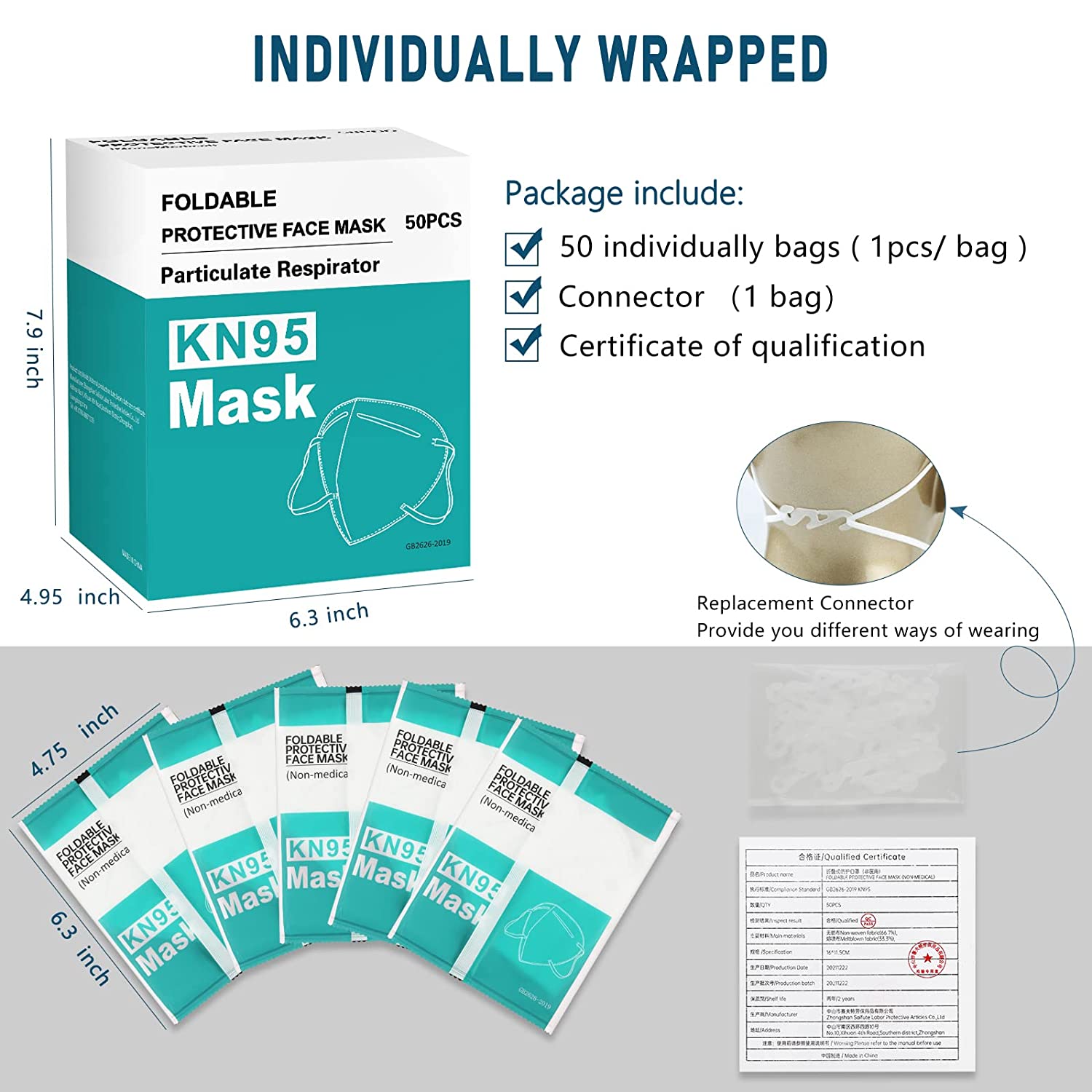 Kn95 Face Masks 50 pack- Individually Wrapped Cup Dust Safety Masks 5 Layer Protection Mask