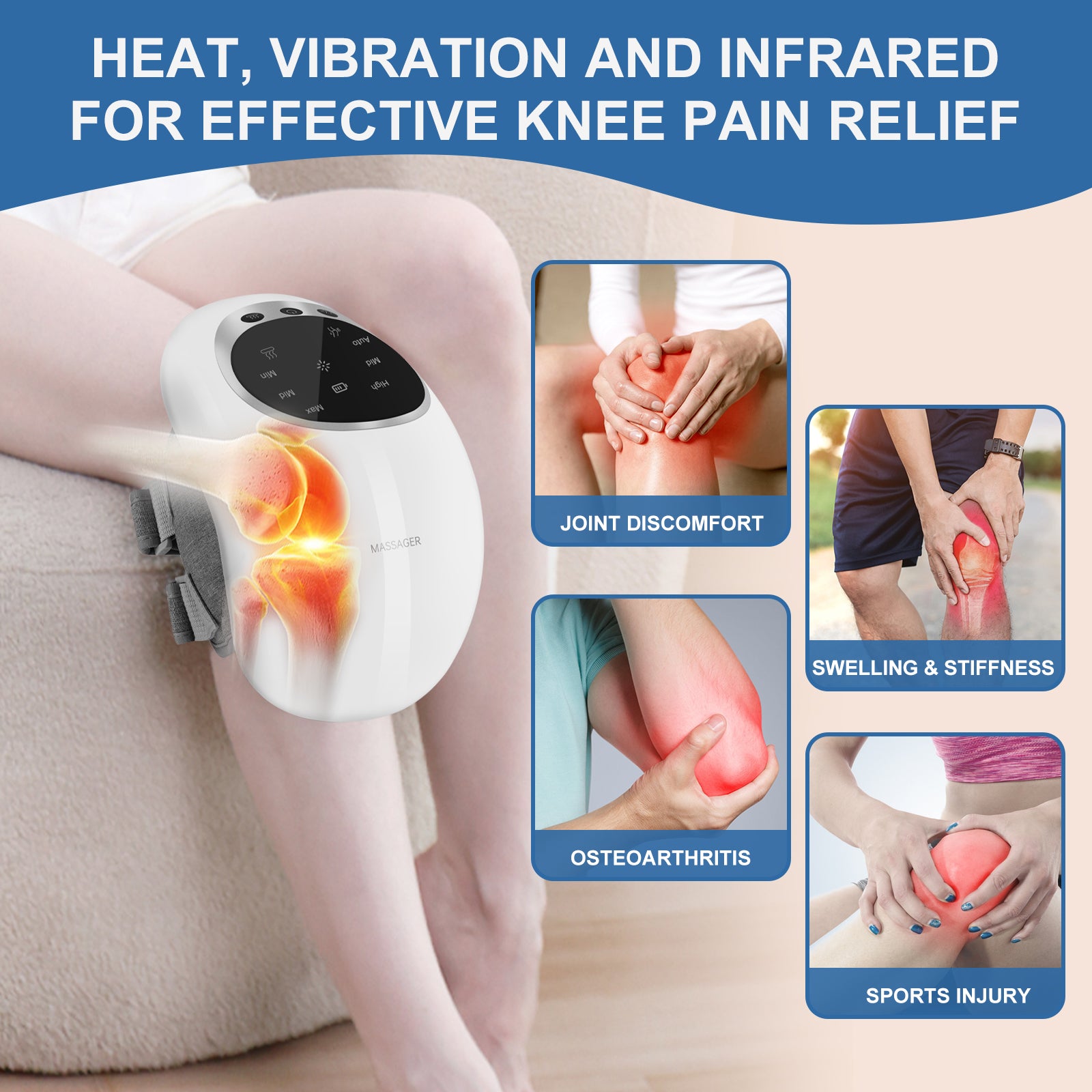 Hotodeal Knee Massager,Cordless Knee Massager with Infrared Heat and Vibration,Adjustable Temperature Knee Massager with Clear Visible LED Screen for Swelling Stiff Pain Joints