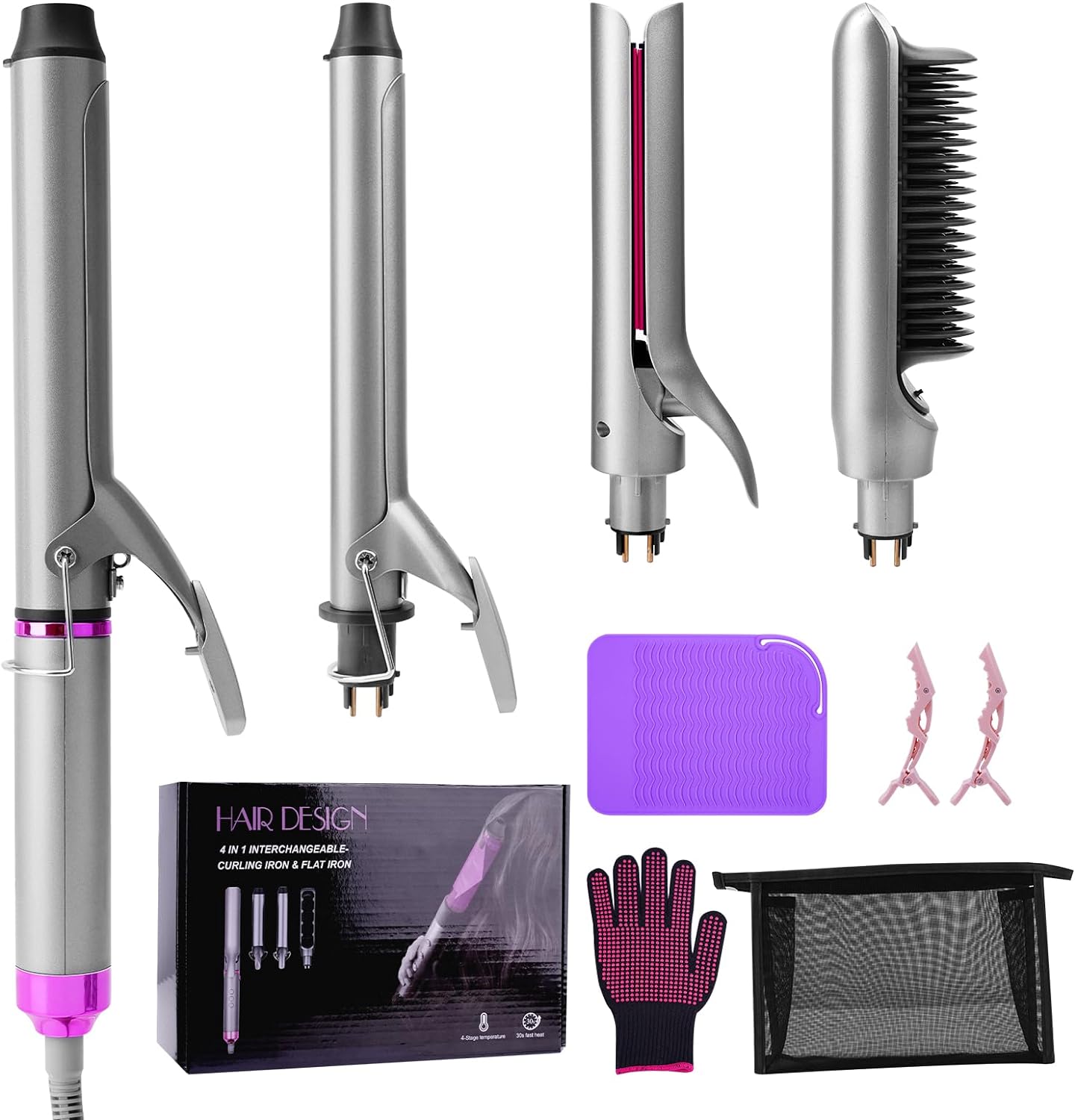 Hotodeal 4 in 1 Curling Iron Set- Hair Straightening Clamps and Comb, 30s Fast Heat Curling Iron for All Hair Types