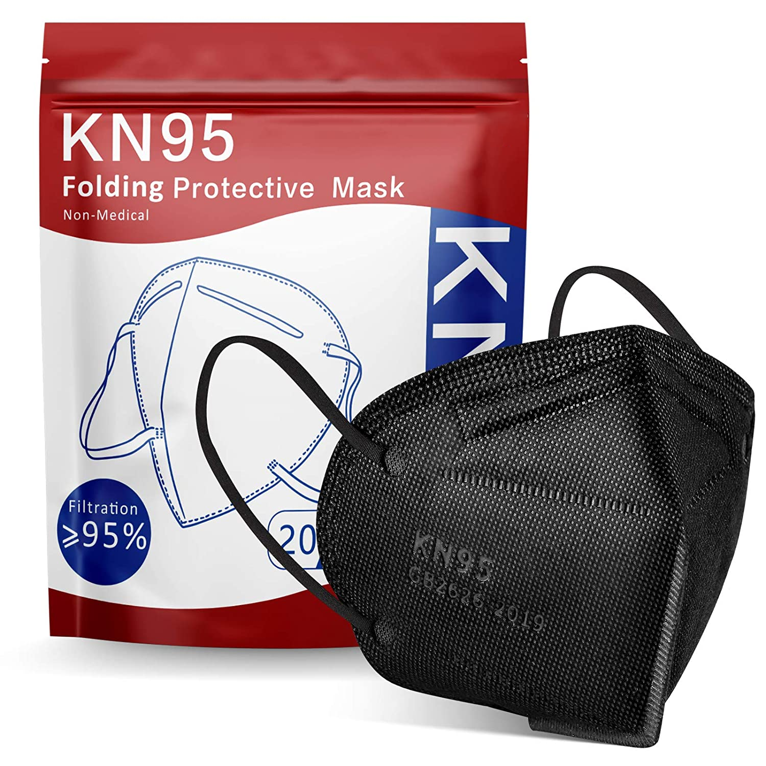 Black KN95 Face Mask 20 PCs- Filter Efficiency≥95%, Breathable Protection Masks Against PM2.5