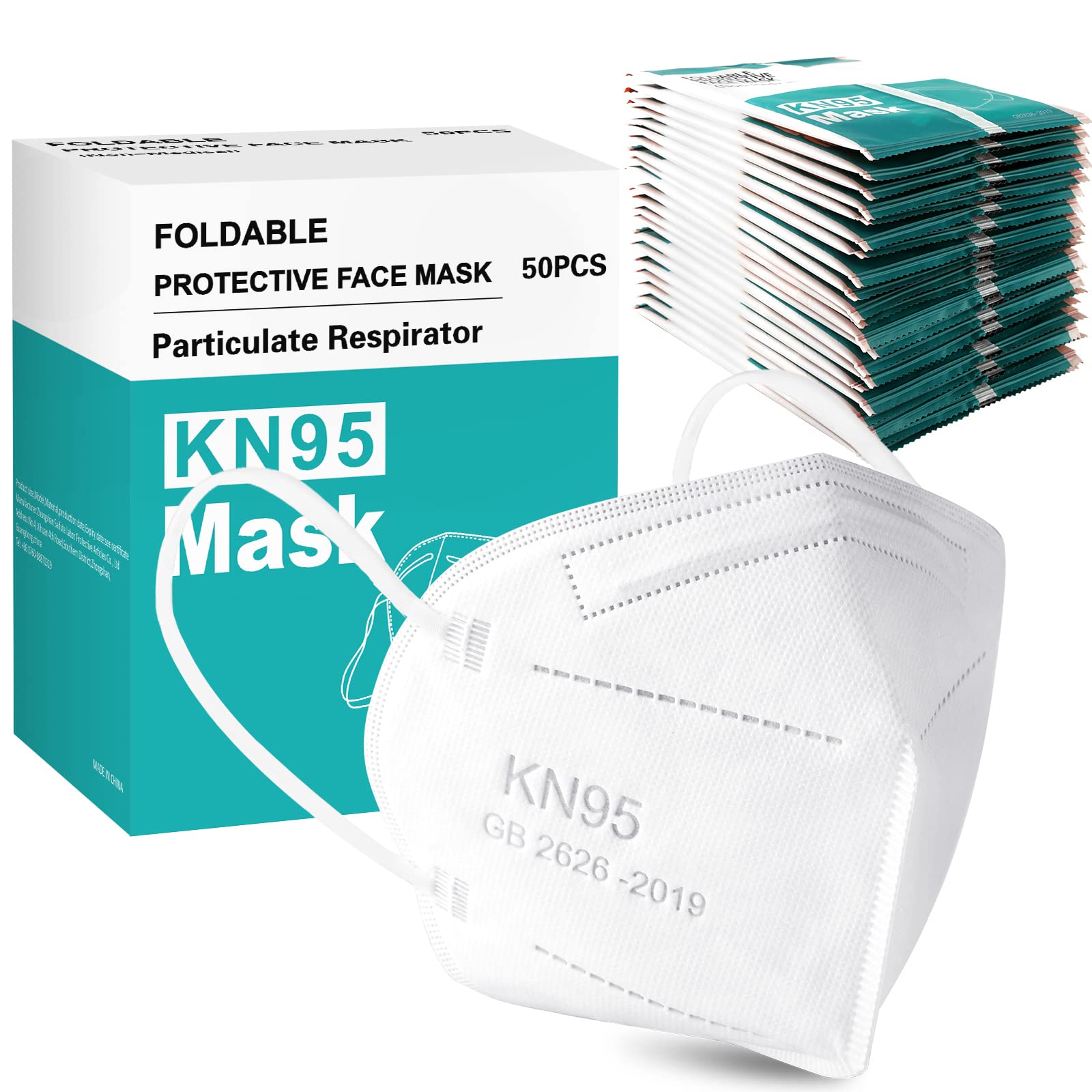 Kn95 Face Masks 50 pack, Individually Wrapped Cup Dust Safety Masks 5 Layer Protection Mask for Adult, Men, Women, Indoor, Outdoor Use, White